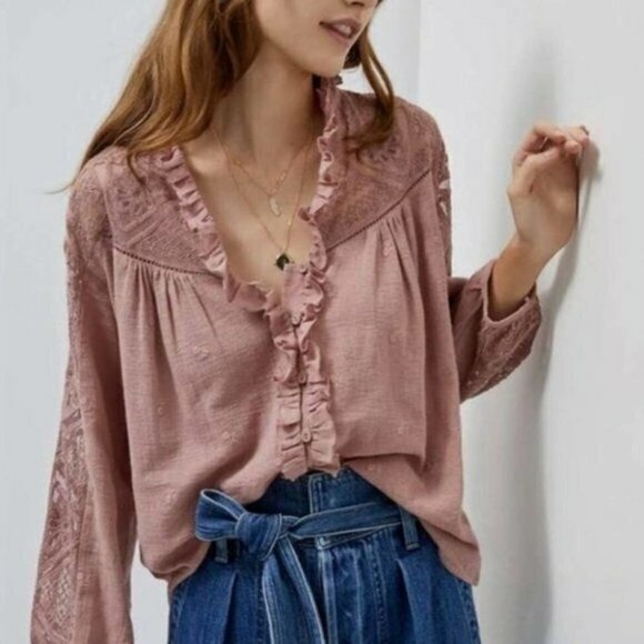 Anthropologie Tops - Anthropologie Forever That Girl Dusty Rose Eyelet Lace Button Down Blouse